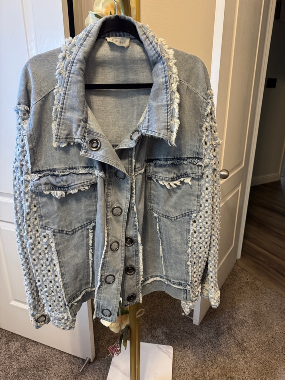 Oli & Hali Boutique Wash Distressed Denim Jacket with Crochet Sleeves